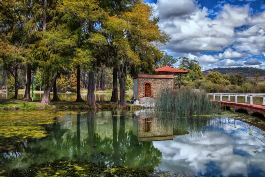 Petit pavillon au bord d’un lac entouré d’arbres dans un paysage naturel au Mexique