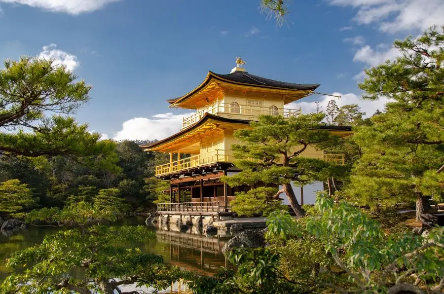 Vue latérale du temple Kinkaku-ji entouré de pins et d’un étang – incontournable d’un itinéraire au Japon raffiné et esthétique.