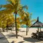 Transats sous les palmiers sur une plage de sable blanc à l’île Maurice